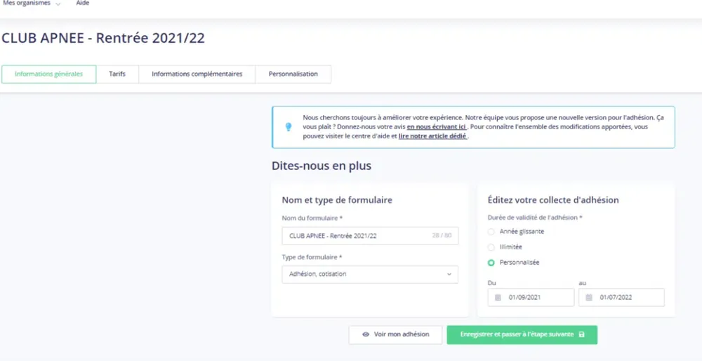 Interface HelloAsso de création d'un formulaire d'adhésion pour une association