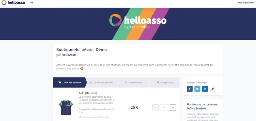 Boutique en ligne HelloAsso : page produit d'un polo à 25 € avec tunnel d'achat