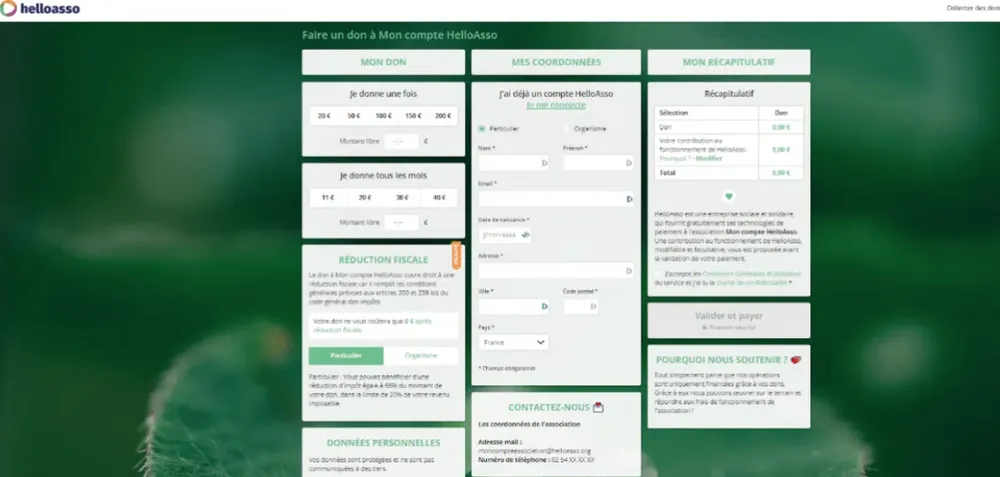 Formulaire de don HelloAsso avec montants, réduction fiscale et récapitulatif de paiement